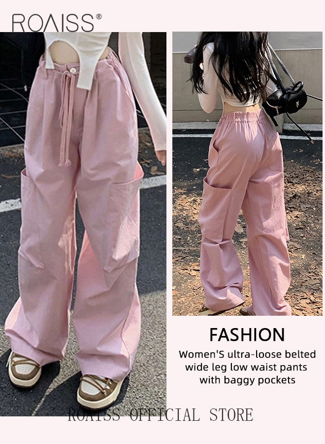Utility Pants with Loose Fit for Women Comfy and Versatile Wide Leg Trousers with Elastic Waistband and Flowy Belt Women Casual Large Pocket Drawstring Overalls Chinos