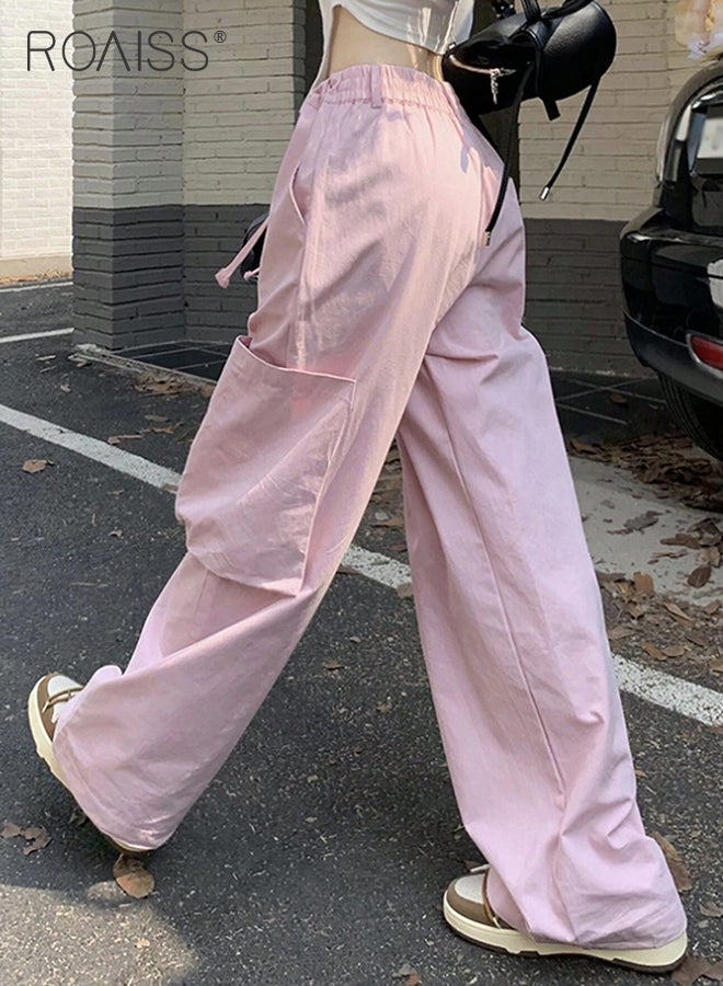 Utility Pants with Loose Fit for Women Comfy and Versatile Wide Leg Trousers with Elastic Waistband and Flowy Belt Women Casual Large Pocket Drawstring Overalls Chinos