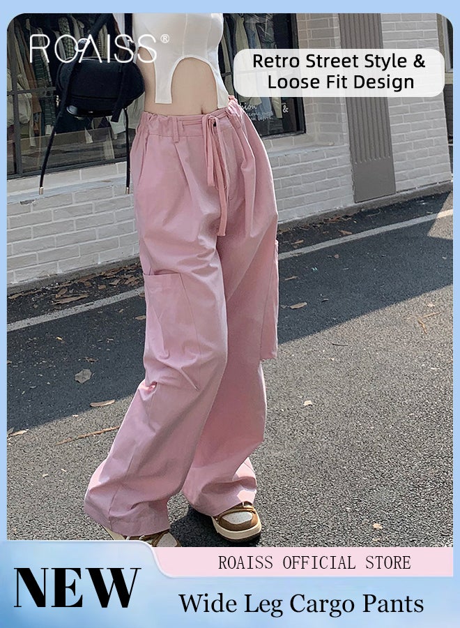 Utility Pants with Loose Fit for Women Comfy and Versatile Wide Leg Trousers with Elastic Waistband and Flowy Belt Women Casual Large Pocket Drawstring Overalls Chinos