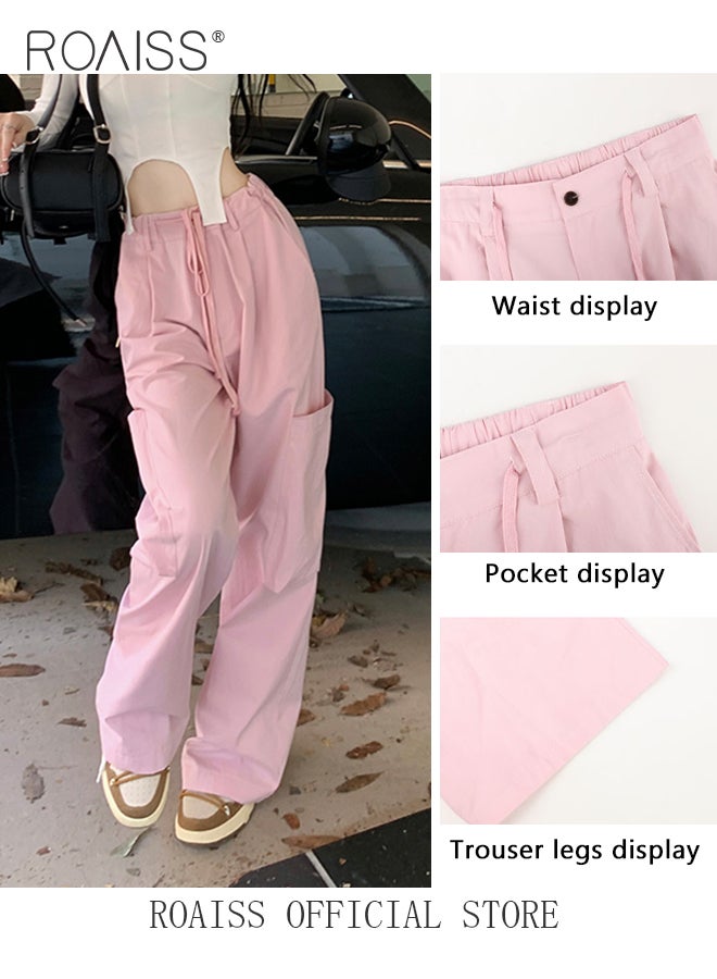 Utility Pants with Loose Fit for Women Comfy and Versatile Wide Leg Trousers with Elastic Waistband and Flowy Belt Women Casual Large Pocket Drawstring Overalls Chinos