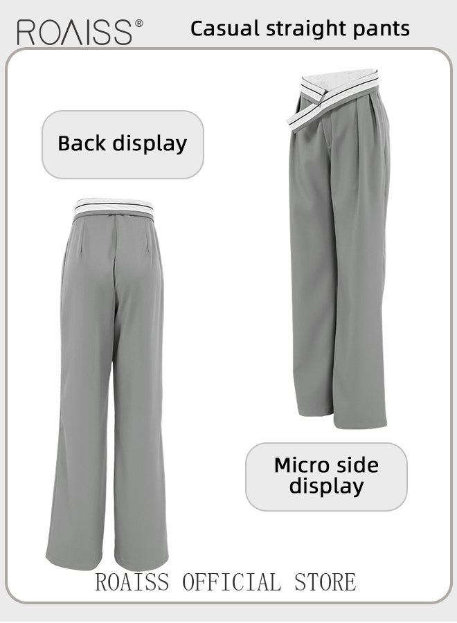 Casual Drape Suit Pants for Women Contrast Color Breathable Wide Leg Trousers with Loose Fit and Special Splicing Hem Design Ladies Slimming Straight Leg Pants Flatter All Body Types