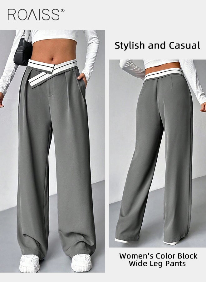 Casual Drape Suit Pants for Women Contrast Color Breathable Wide Leg Trousers with Loose Fit and Special Splicing Hem Design Ladies Slimming Straight Leg Pants Flatter All Body Types