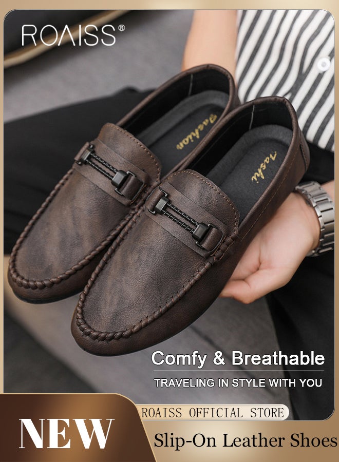 Business Casual Loafers for Men Fashionable Soft Bottom Wear Resistant Slip on Driving Shoes for Men Comfy and Breathable Leather Shoes with Buckle Decor