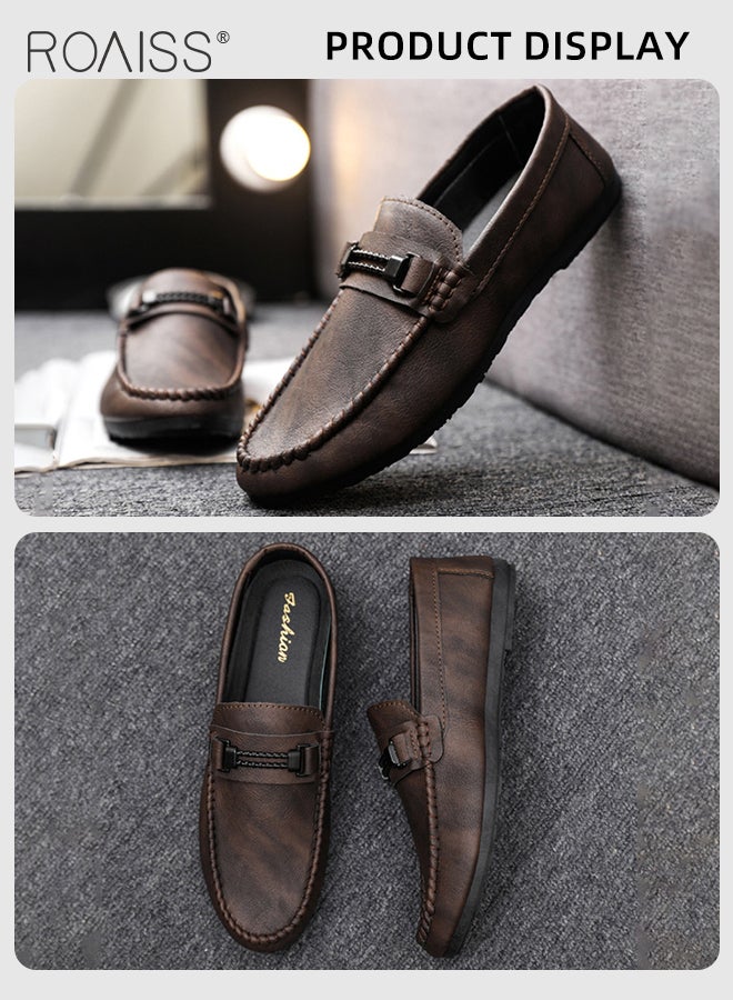 Business Casual Loafers for Men Fashionable Soft Bottom Wear Resistant Slip on Driving Shoes for Men Comfy and Breathable Leather Shoes with Buckle Decor