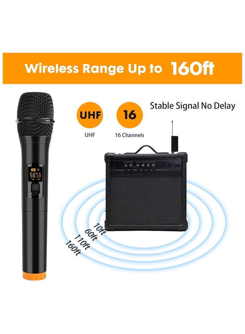 Wireless Microphone System: UHF Dual Handheld Dynamic Karaoke Mic with Rechargeable Receiver – Cordless PA System for Speakers, Amplifiers, Family Parties, Singing, and Meetings – 160 ft Range