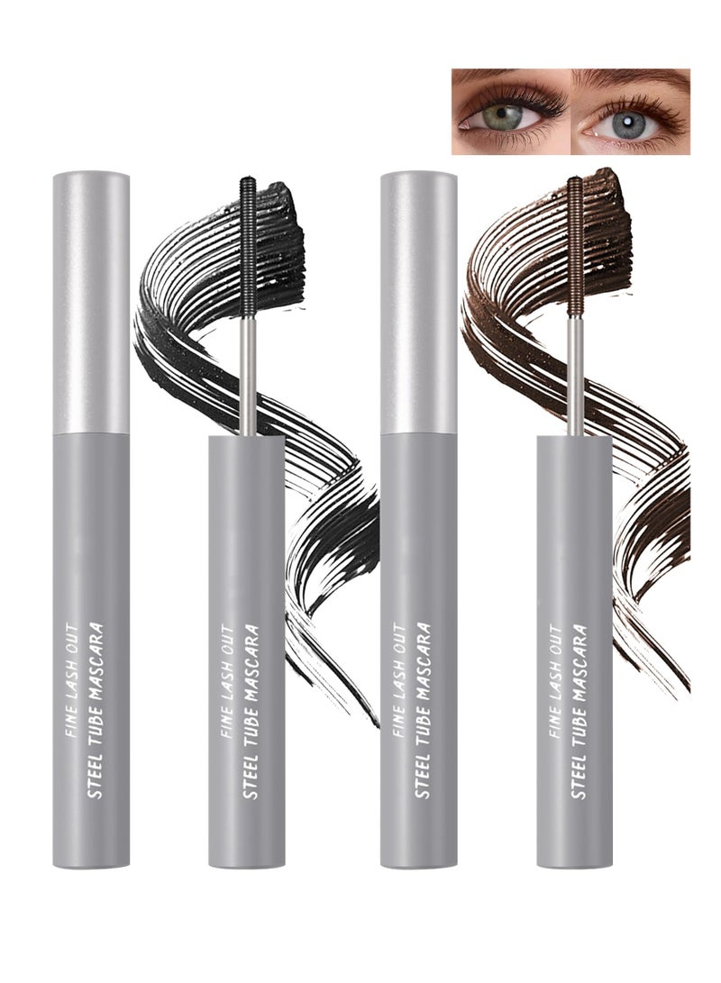 Washable Metal Rod 3D Mascara, 2 Pcs Waterproof Volume Length Extra Slim Tubing Mascara, Long Lasting Smudge Proof, Bendable Iron Brush Wand Mascara, Makeup Gift for Women, Black and Brown