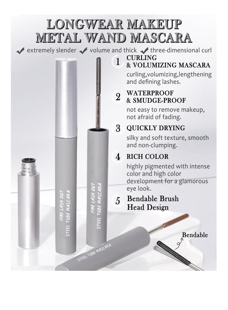 Washable Metal Rod 3D Mascara, 2 Pcs Waterproof Volume Length Extra Slim Tubing Mascara, Long Lasting Smudge Proof, Bendable Iron Brush Wand Mascara, Makeup Gift for Women, Black and Brown