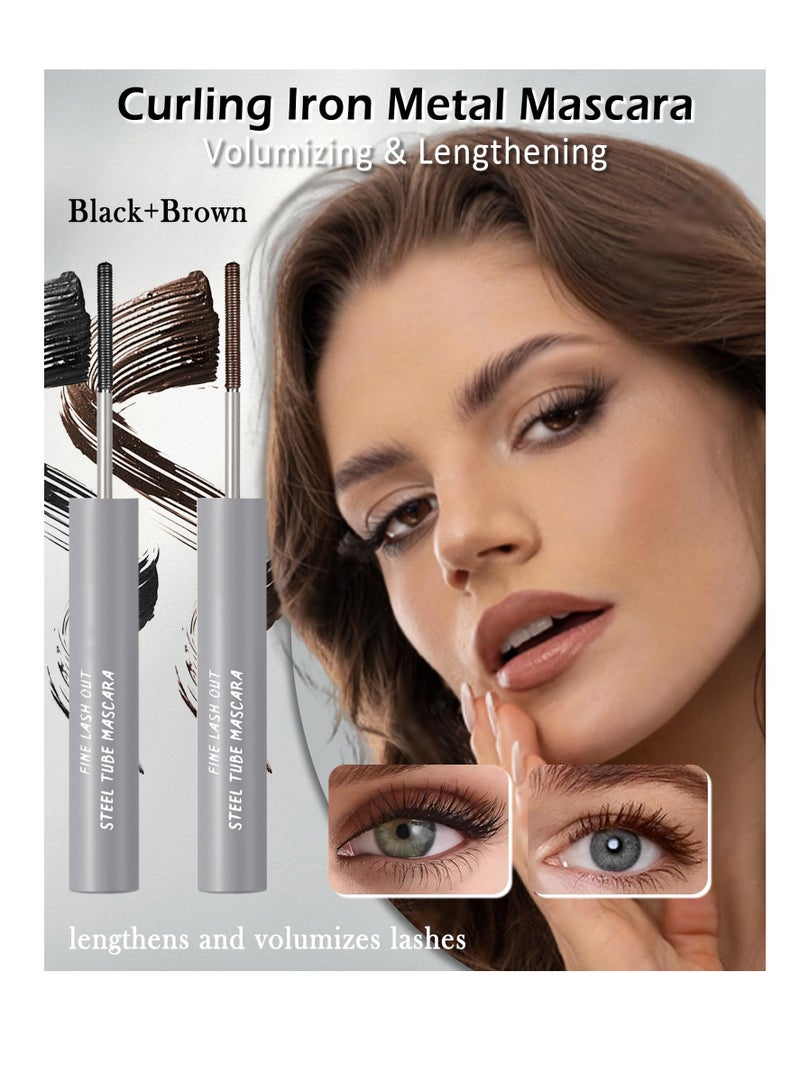 Washable Metal Rod 3D Mascara, 2 Pcs Waterproof Volume Length Extra Slim Tubing Mascara, Long Lasting Smudge Proof, Bendable Iron Brush Wand Mascara, Makeup Gift for Women, Black and Brown