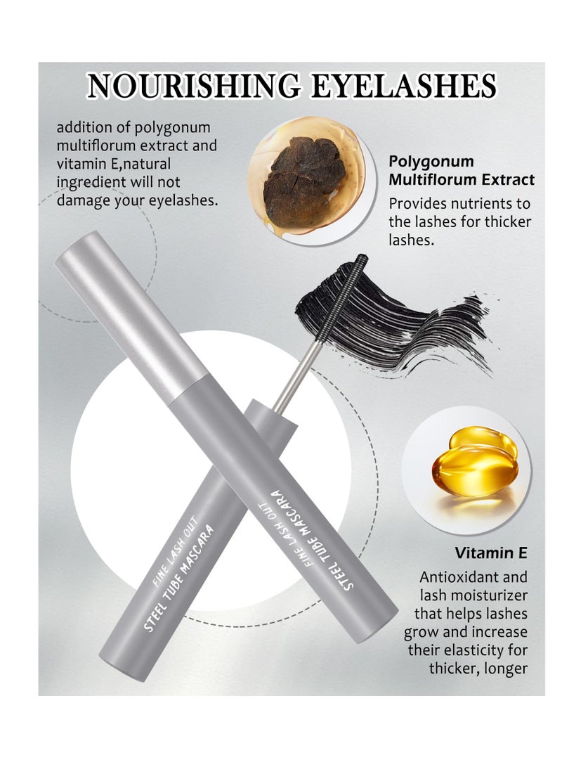 Washable Metal Rod 3D Mascara, 2 Pcs Waterproof Volume Length Extra Slim Tubing Mascara, Long Lasting Smudge Proof, Bendable Iron Brush Wand Mascara, Makeup Gift for Women, Black and Brown