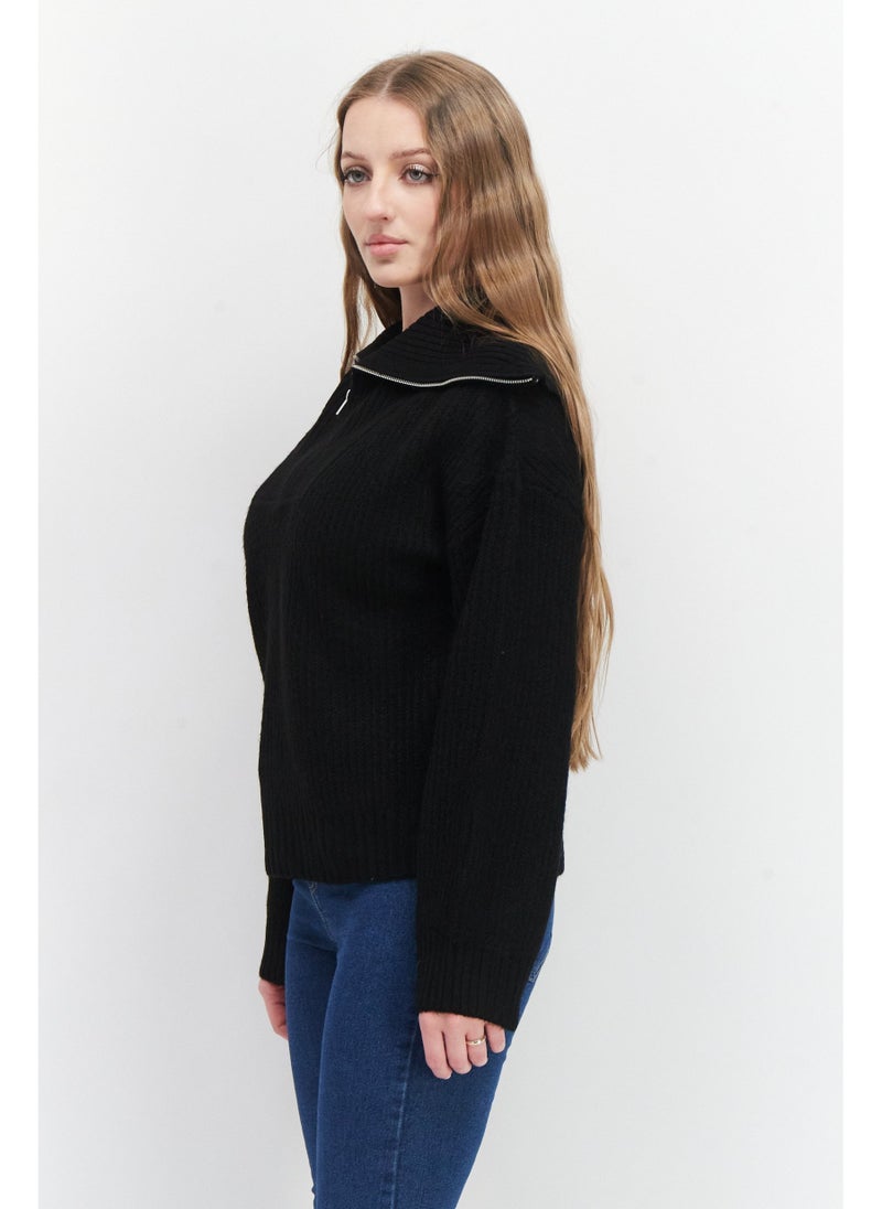 Women Spread Collar Knitted Sweater, Black