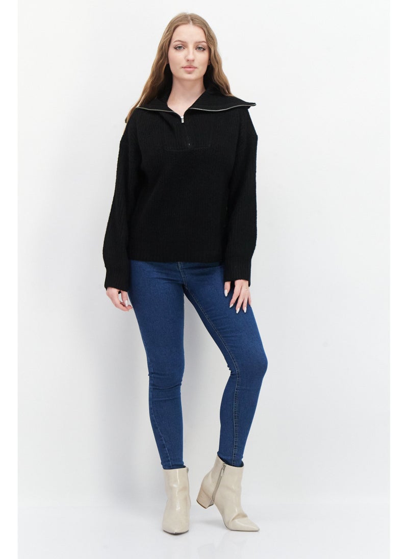 Women Spread Collar Knitted Sweater, Black