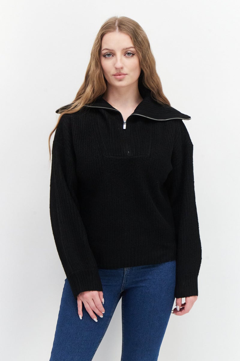 Women Spread Collar Knitted Sweater, Black