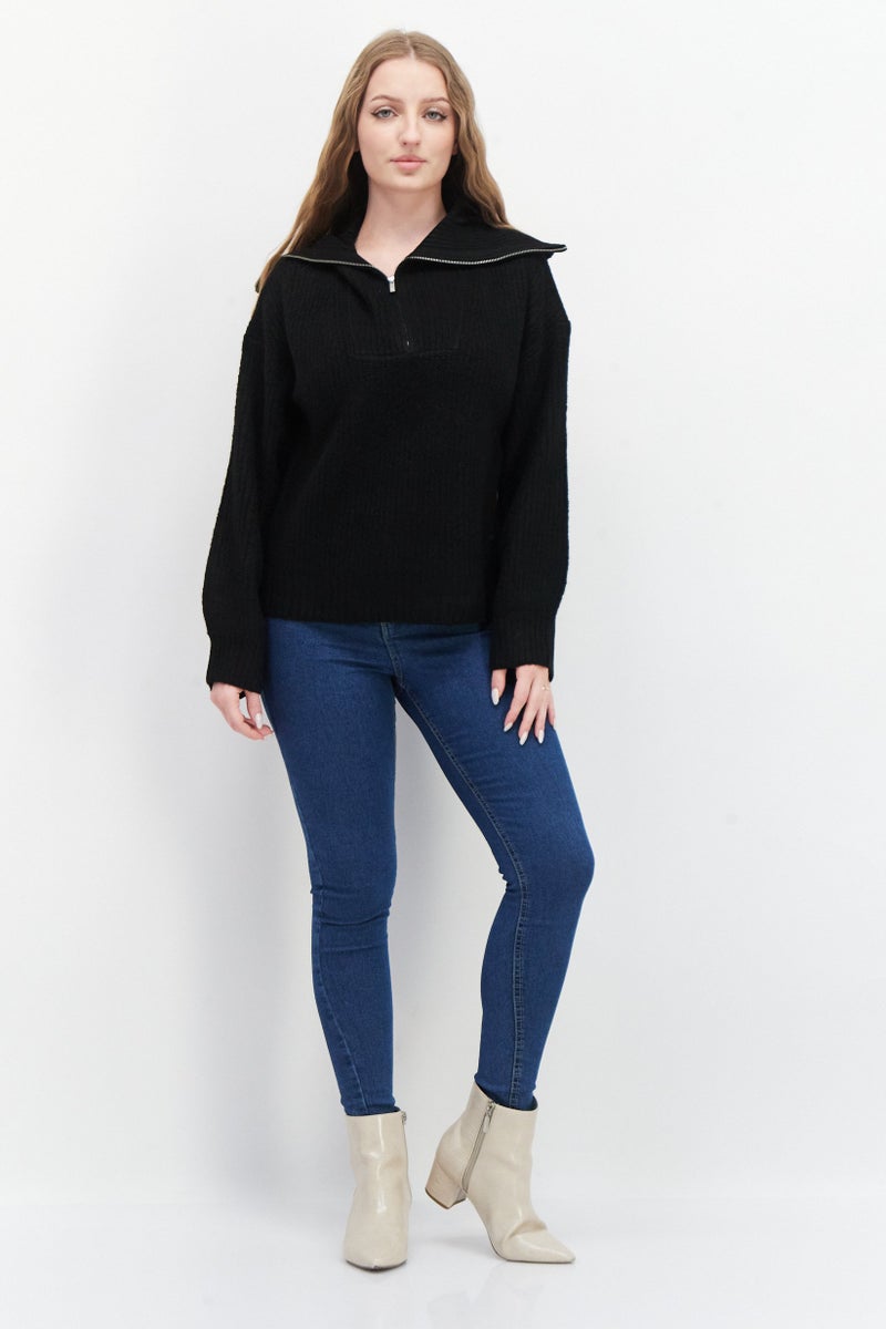 Women Spread Collar Knitted Sweater, Black