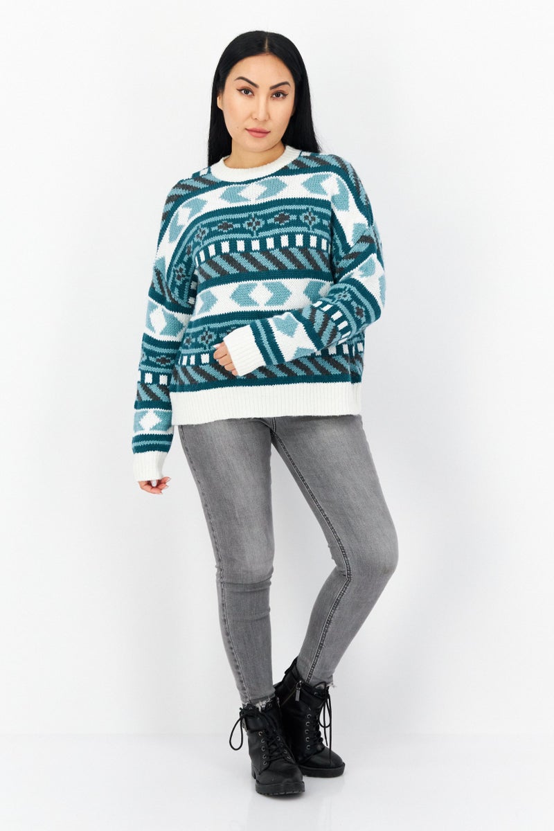 Women Crew Neck Knitted Sweater, White Combo