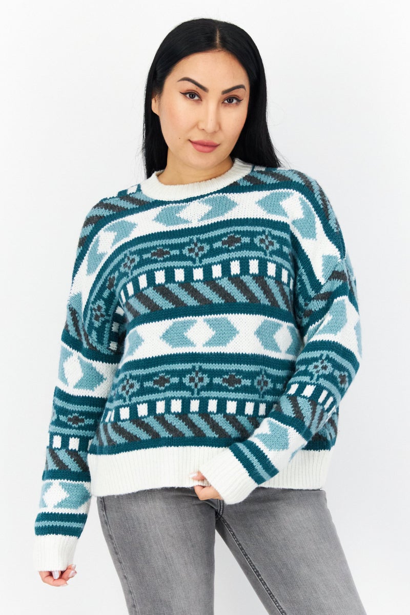 Women Crew Neck Knitted Sweater, White Combo