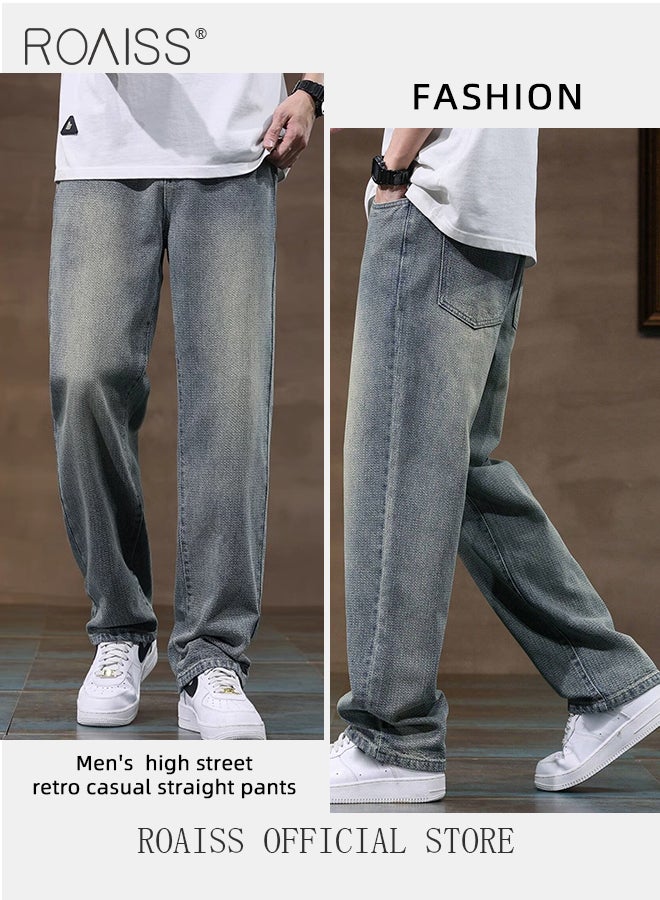 High Quality Straight Leg Jeans for Men Casual Breathable Soft Loose Fit Wide Leg Denim Pants with Starry Sky Texture Mens Retro Trendy All Match Trousers for Daily Commute Wear
