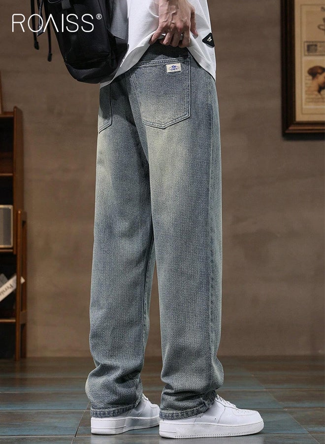 High Quality Straight Leg Jeans for Men Casual Breathable Soft Loose Fit Wide Leg Denim Pants with Starry Sky Texture Mens Retro Trendy All Match Trousers for Daily Commute Wear