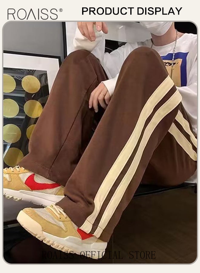 Retro Style Sports Pants for Men with Woven Belt Loose Fit Wide Leg Casual Pants for College Students with Waist Side Striped Decor Mens Breathable Simple All Match Trousers