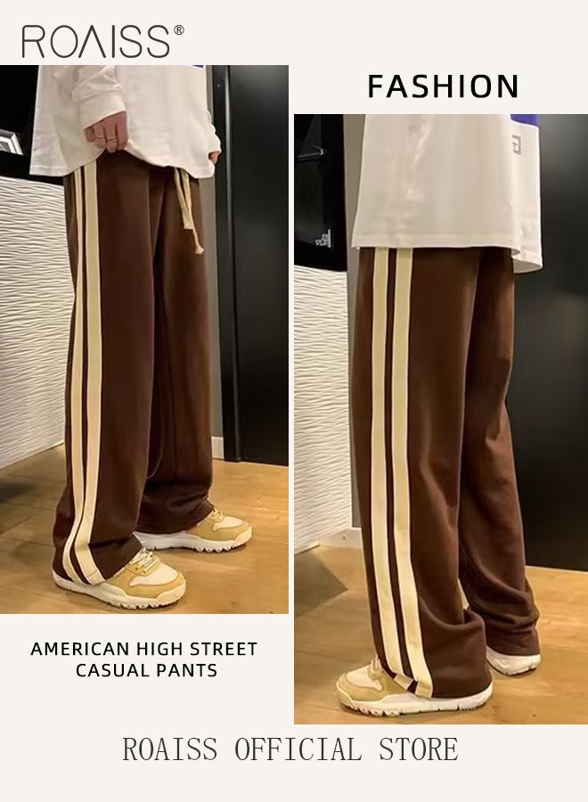 Retro Style Sports Pants for Men with Woven Belt Loose Fit Wide Leg Casual Pants for College Students with Waist Side Striped Decor Mens Breathable Simple All Match Trousers