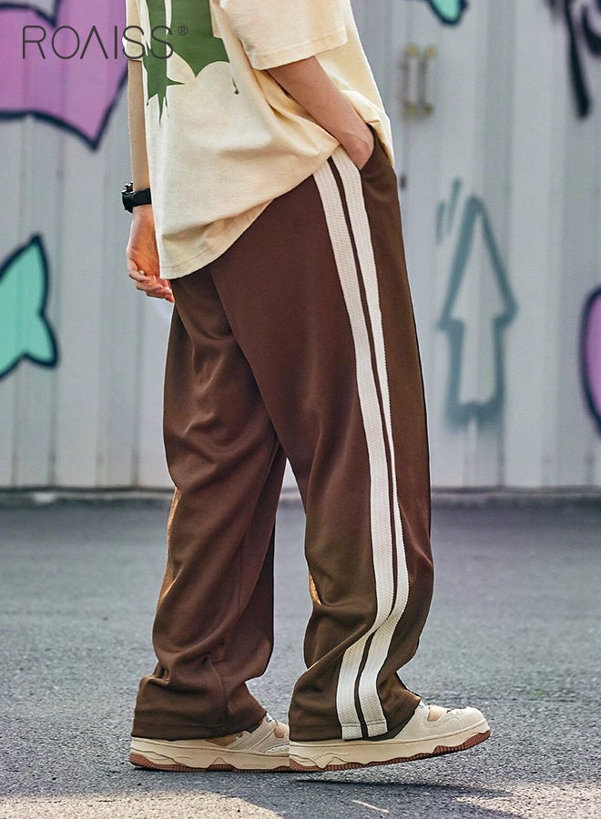 Retro Style Sports Pants for Men with Woven Belt Loose Fit Wide Leg Casual Pants for College Students with Waist Side Striped Decor Mens Breathable Simple All Match Trousers
