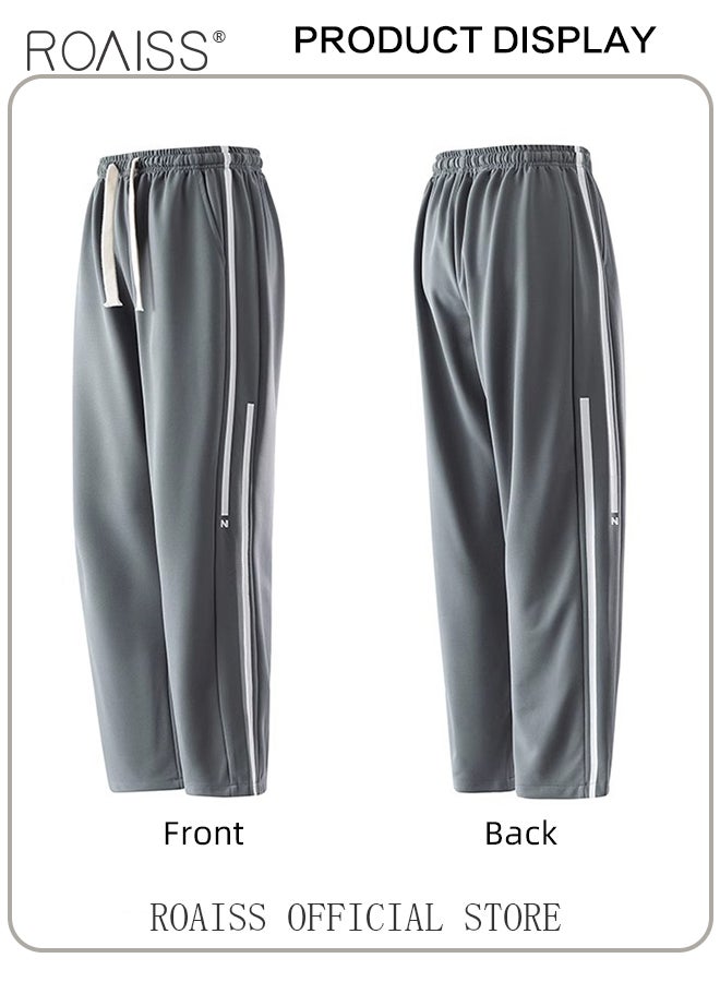 Drawstring Sports Pants for Men with Weave Belt and Waist Side Striped Fashionable Casual Simple All Match Trousers Cool to Touch Mens Loose Fit and Breathable Wide Leg Pants