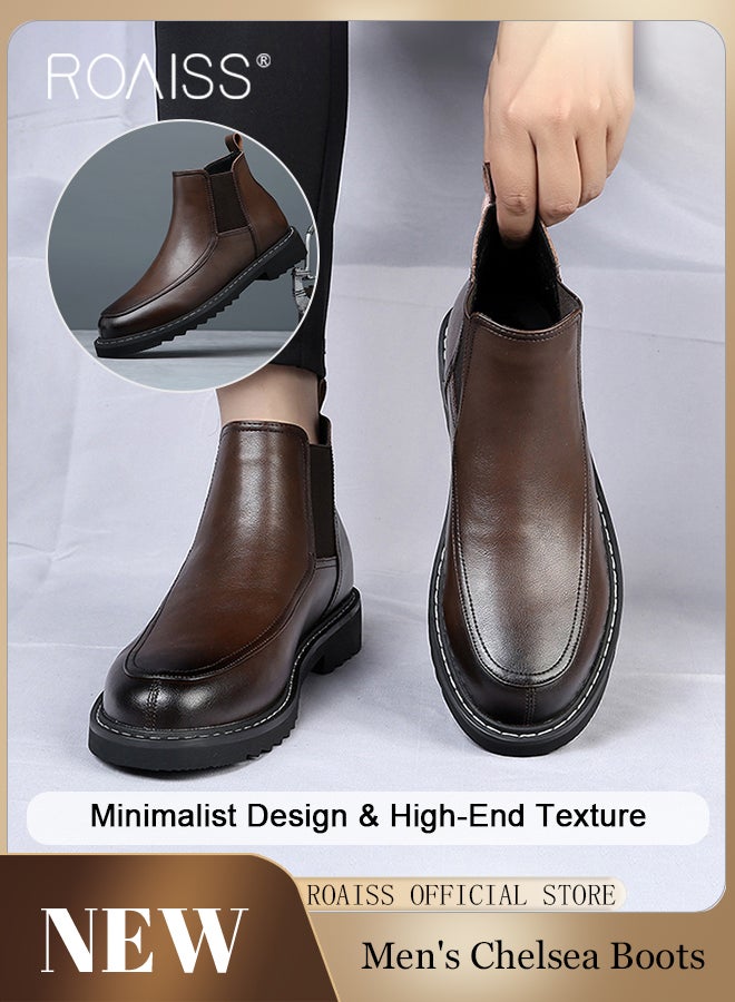 Genuine Leather Chelsea Boots for Men High-End Casual Comfy and Breathable Slip on Low Heel Formal Cowhide Ankle Boots Mens Fashionable Premium Soft Sole Pointed Martin Boots