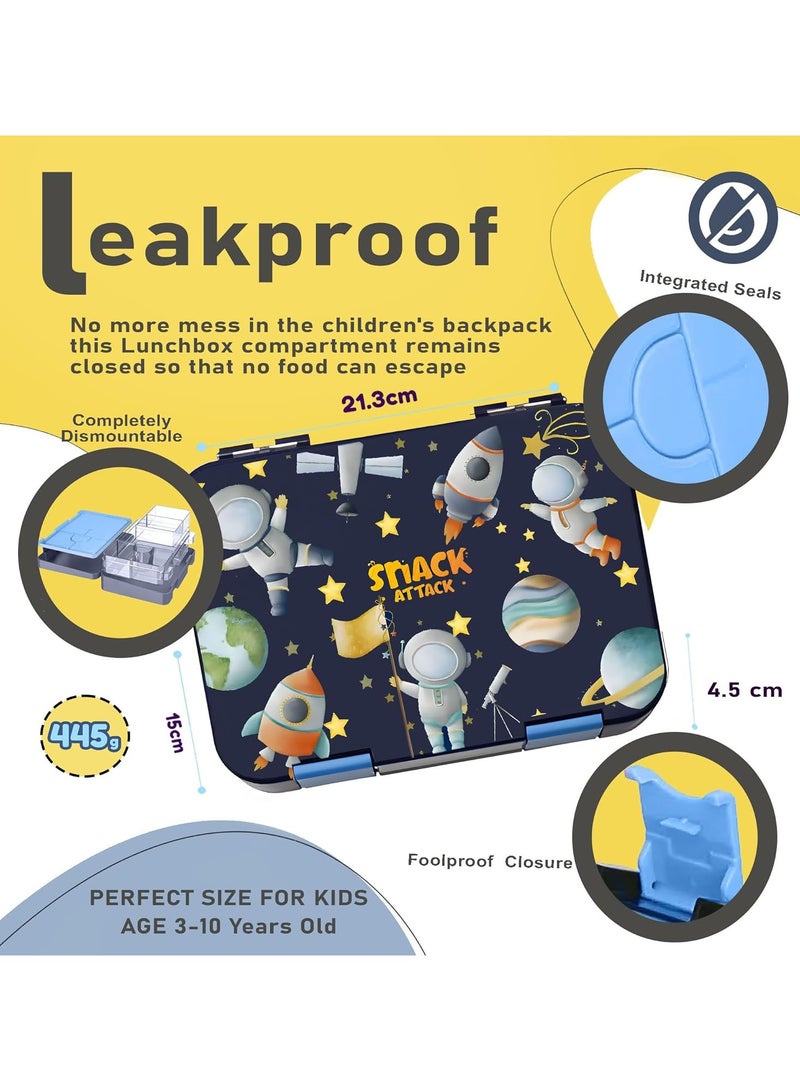 Snack Attack Lunch Box for Kids School Grey, Bento LunchBoxl 4/6 Convertible Compartments | BPA Free And Leak Proof (Blue Portofino)