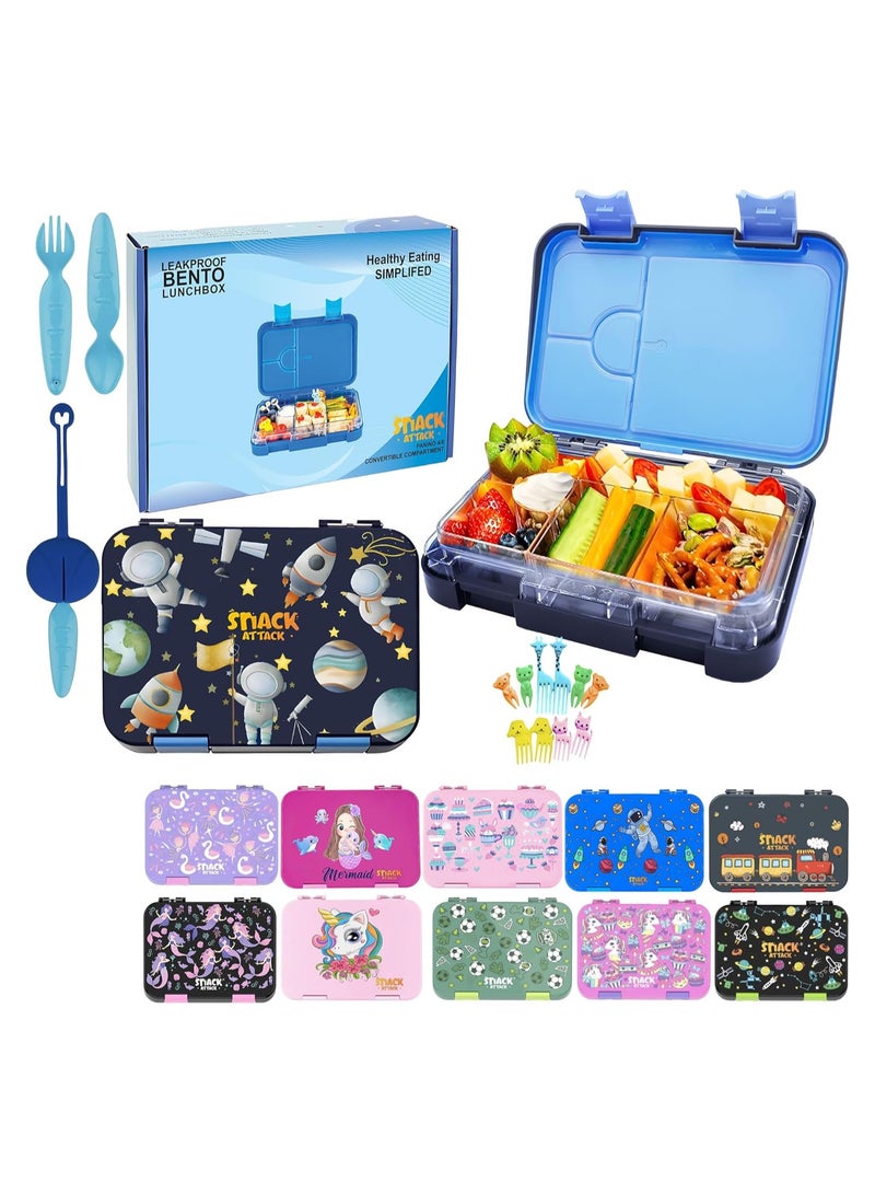 Snack Attack Lunch Box for Kids School Grey, Bento LunchBoxl 4/6 Convertible Compartments | BPA Free And Leak Proof (Blue Portofino)