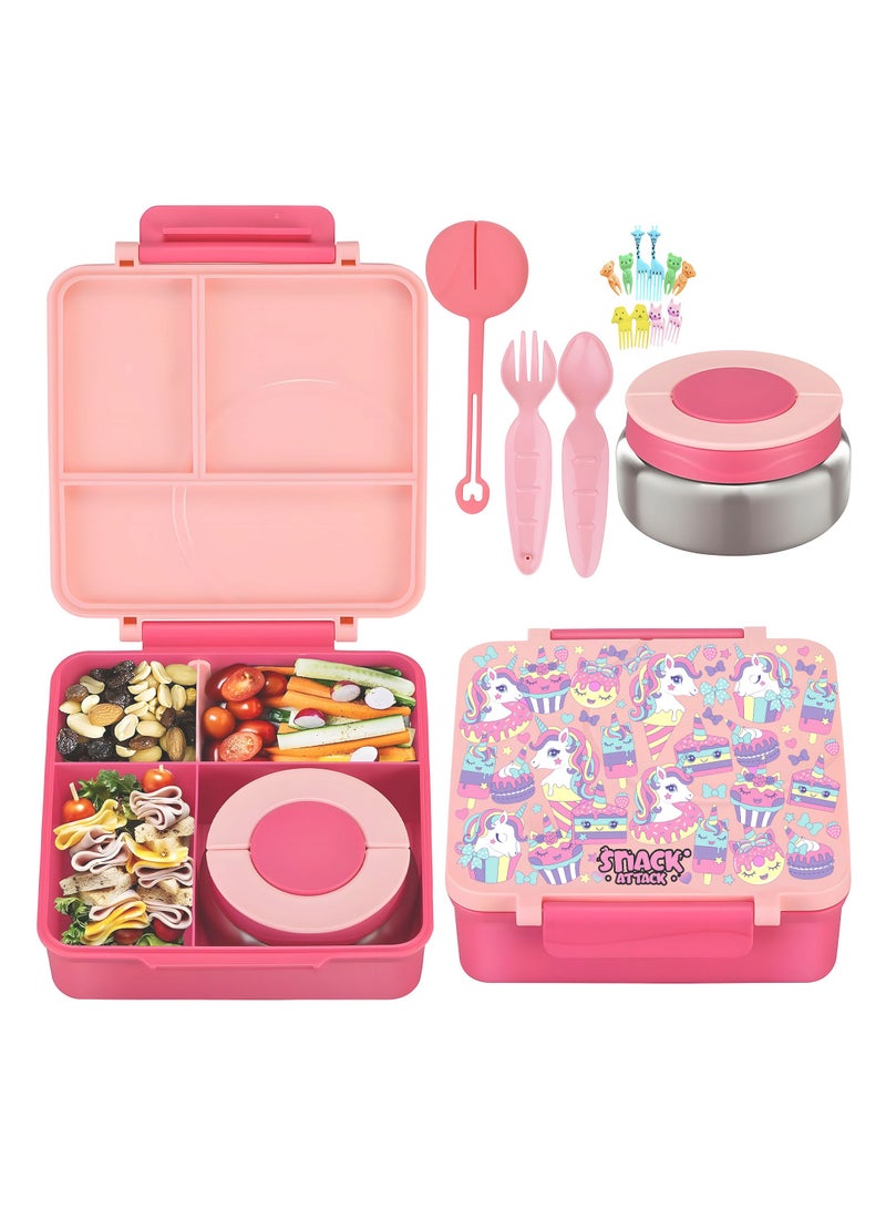 SA Bento Lunch Box for Kids School with 9.7oz Soup Thermos, Leak-proof Lunch Containers with 5 Compartment, Thermos Food Jar, Food Containers for School Pink