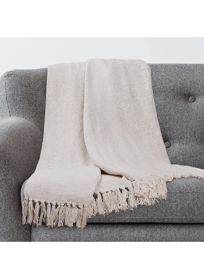 100% Cotton Throw Blanket For Couch - 50X60 Cream Throw Blanket For Bed, Sofa, Or Chair - Machine Washable, All Seasons Neutral Lightweight Blanket For Indoor Or Outdoor Use