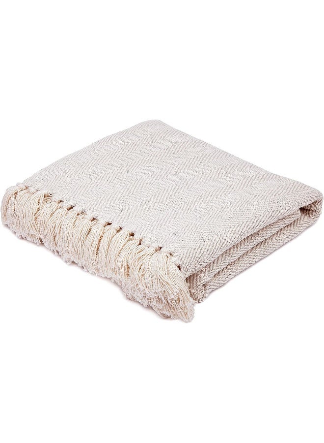 100% Cotton Throw Blanket For Couch - 50X60 Cream Throw Blanket For Bed, Sofa, Or Chair - Machine Washable, All Seasons Neutral Lightweight Blanket For Indoor Or Outdoor Use