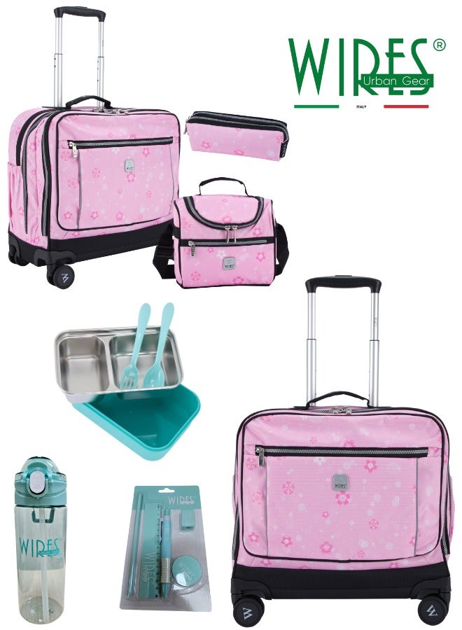 3 Piece Kids School Trolley Bag laptop compartment 8 Wheels With Lunch bag & Pencil Case