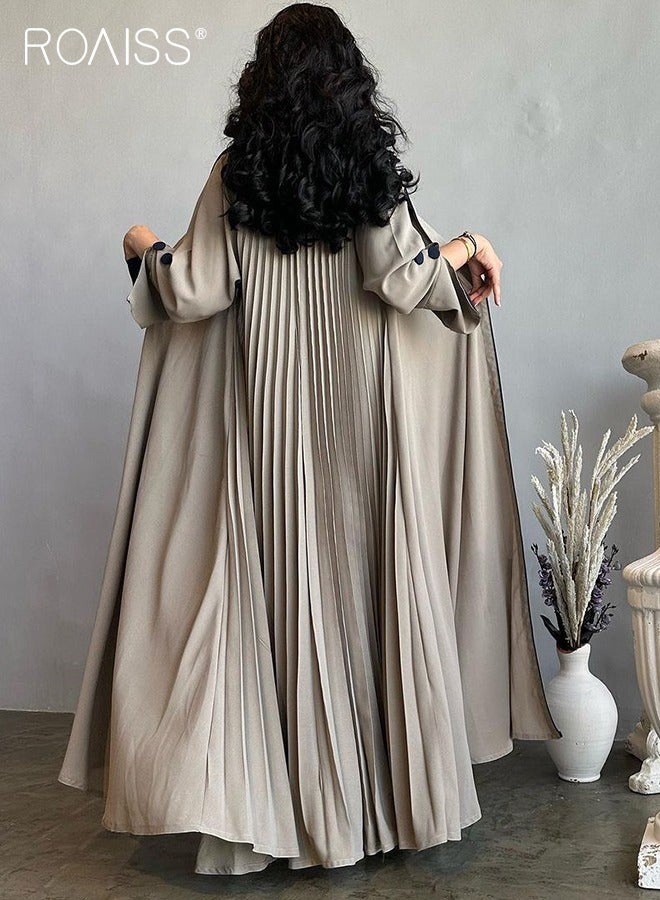 Fashionable Elegant Cardigan Abaya for Women Lapel Long Sleeve Back Pleated Muslim Cardigan Coat Women's Daily Commuting Formal Occasions Long Skirt Coat Beige