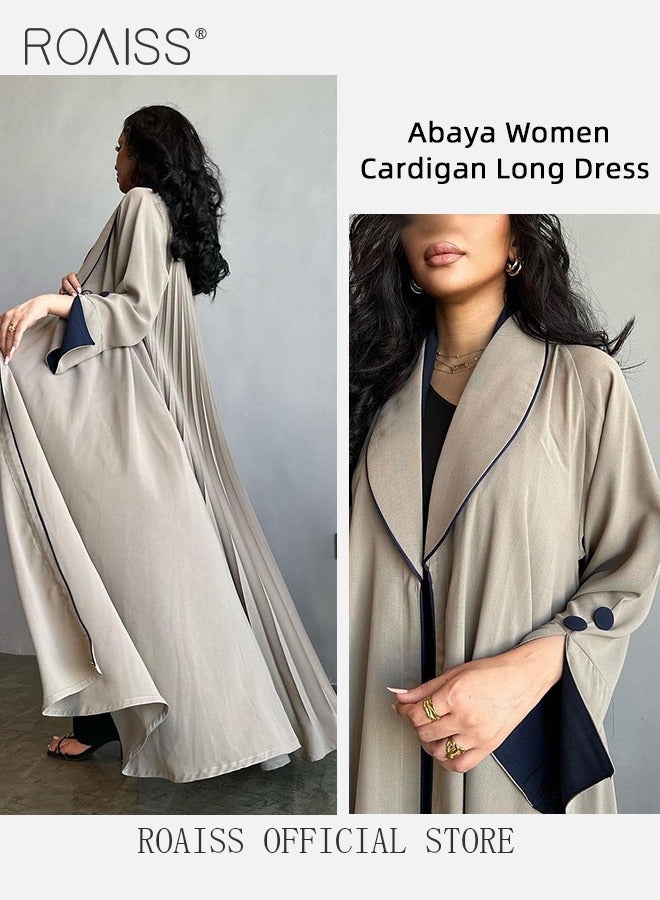 Fashionable Elegant Cardigan Abaya for Women Lapel Long Sleeve Back Pleated Muslim Cardigan Coat Women's Daily Commuting Formal Occasions Long Skirt Coat Beige