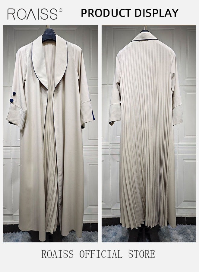 Fashionable Elegant Cardigan Abaya for Women Lapel Long Sleeve Back Pleated Muslim Cardigan Coat Women's Daily Commuting Formal Occasions Long Skirt Coat Beige