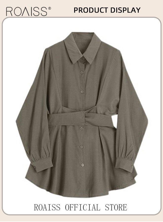 Solid Corset Shirt Dress for Women Ruched Elastic High Waisted Tunic Long Sleeve Blouse Dress Lady Casual Button Breasted down Flowy Comfortable Dresses for Ladies Elegant Temperament Casual Outfit