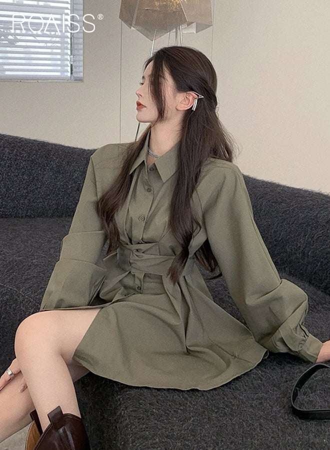 Solid Corset Shirt Dress for Women Ruched Elastic High Waisted Tunic Long Sleeve Blouse Dress Lady Casual Button Breasted down Flowy Comfortable Dresses for Ladies Elegant Temperament Casual Outfit