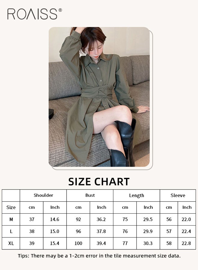 Solid Corset Shirt Dress for Women Ruched Elastic High Waisted Tunic Long Sleeve Blouse Dress Lady Casual Button Breasted down Flowy Comfortable Dresses for Ladies Elegant Temperament Casual Outfit