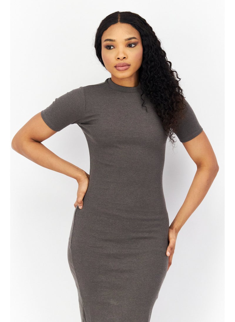 Women Ribbed Midi Casual Dress, Charcoal Marl