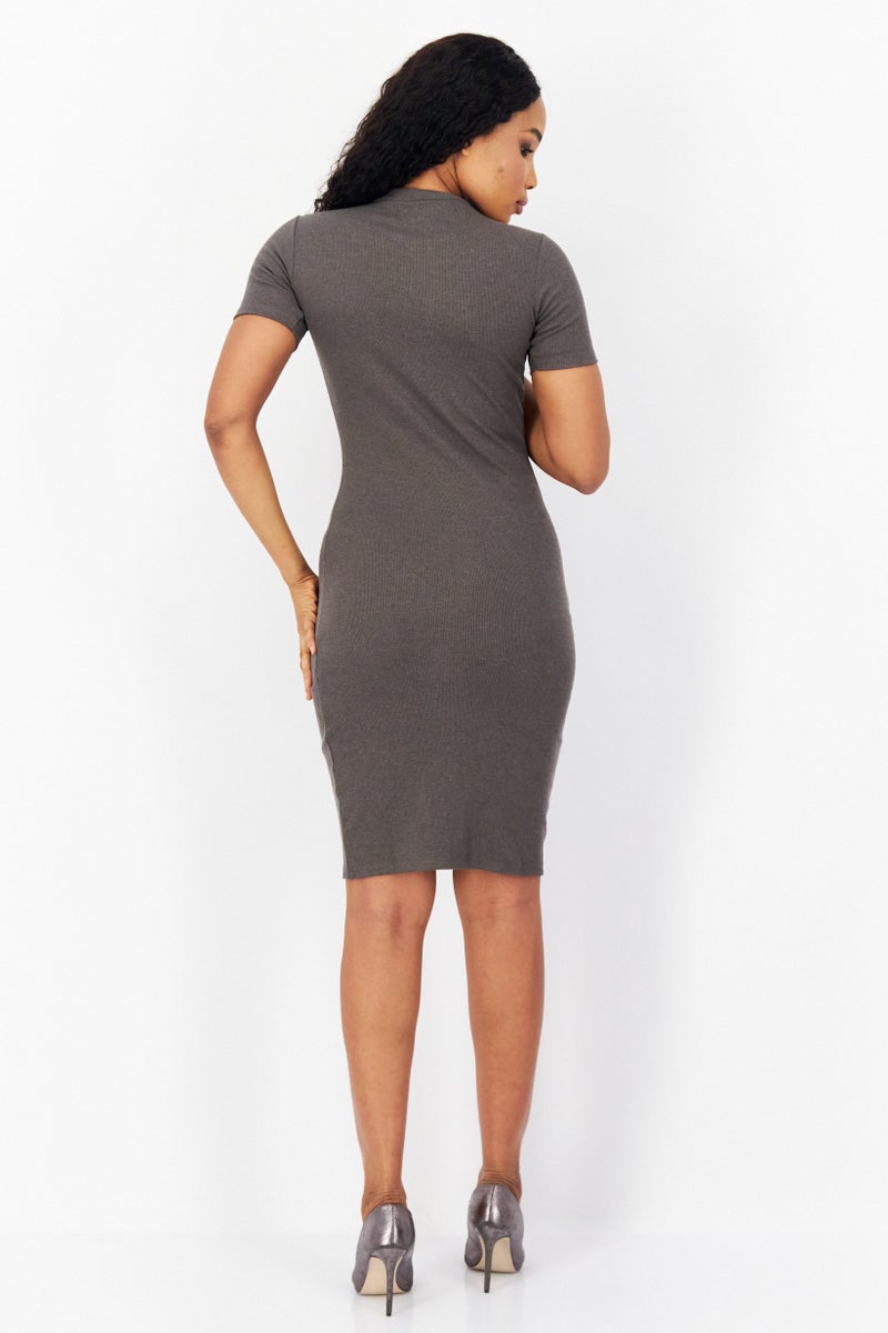 Women Ribbed Midi Casual Dress, Charcoal Marl