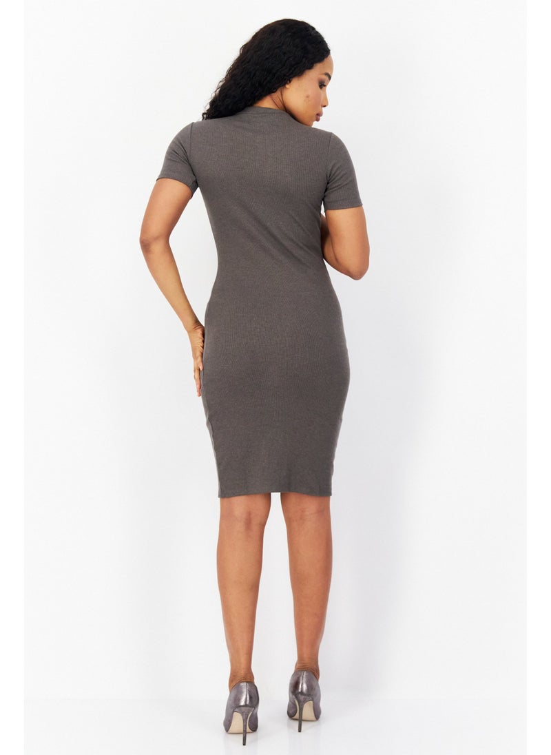 Women Ribbed Midi Casual Dress, Charcoal Marl