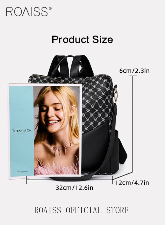 Large Capacity Geometric Printed Backpack for Women Vintage Portable Durable Bags for Outdoors or Work Commuting with Multiple Pockets Ladies Shoulder or Crossbody Dual-Use Casual PU Leather Daypack