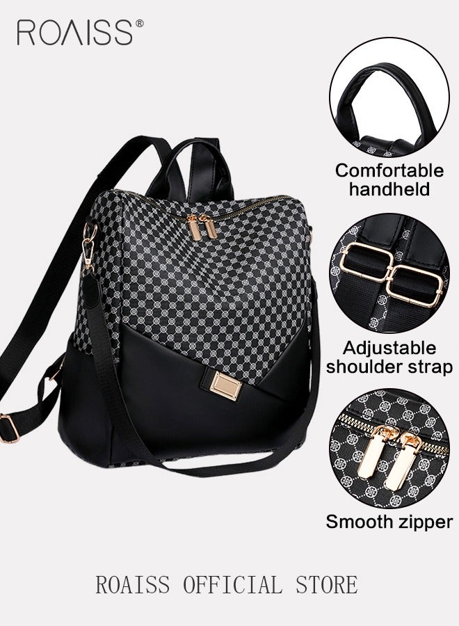 Large Capacity Geometric Printed Backpack for Women Vintage Portable Durable Bags for Outdoors or Work Commuting with Multiple Pockets Ladies Shoulder or Crossbody Dual-Use Casual PU Leather Daypack