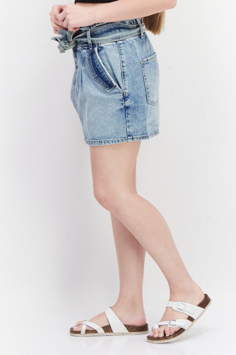 Women Belted Washed Denim Skirts, Blue