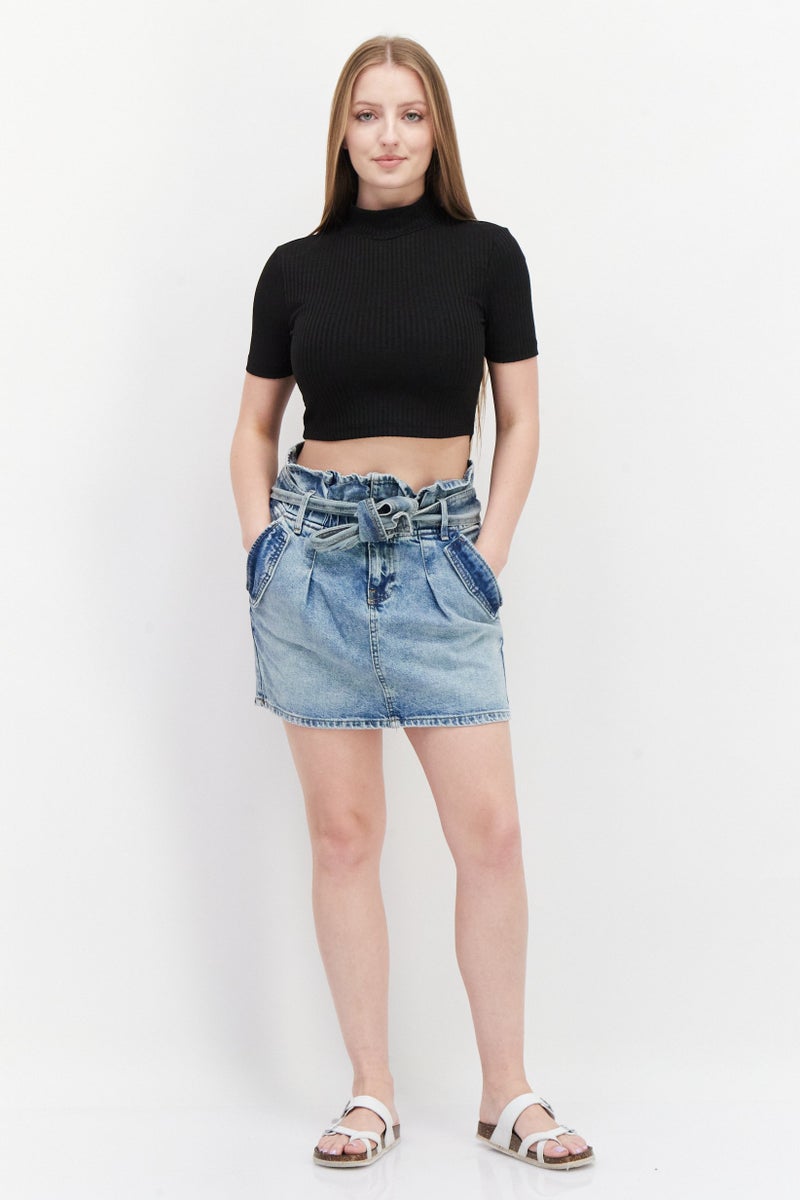 Women Belted Washed Denim Skirts, Blue