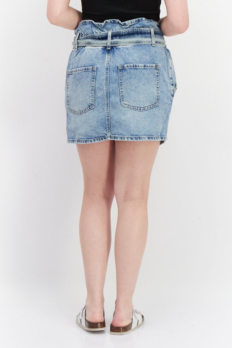 Women Belted Washed Denim Skirts, Blue