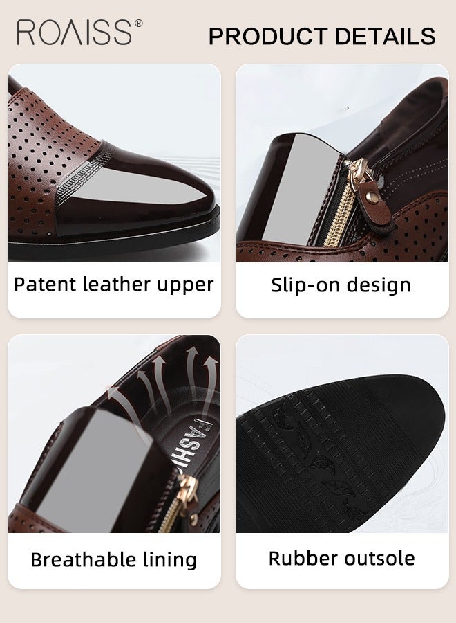 Men's Business Breathable Perforated Leather Shoes Fashion Versatile Pointed Formal Flat Shoes Side Zipper Patent Leather Anti Slip Leather Shoes