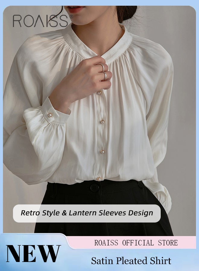 Comfy Satin Pleated Shirt for Women Casual Breathable Stand Collar Long Sleeve Shirts Ladies Retro Lantern Sleeve Temperament Skin Friendly Top Blouse for Daily Commute
