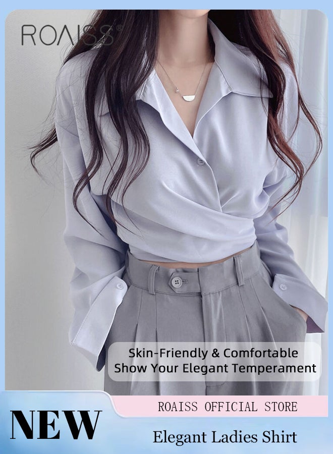 Long Sleeve Lapel Shirt  for Women with Tie Knot Back Design for Women Cross Wrap Front Temperament Waist Slimming Shirts Retro Solid Pullover Ladies Blouses Chic Button Office Shirts