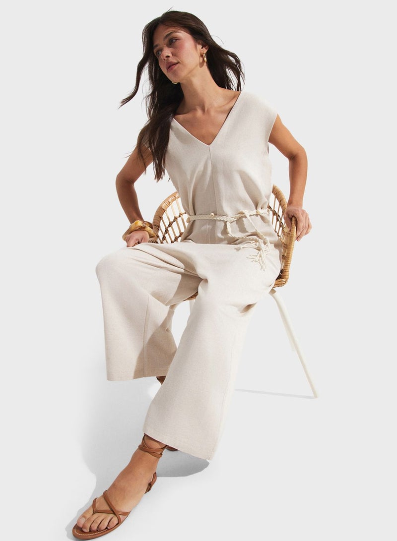 V-Neck Tie Detail Knitted Jumpsuits